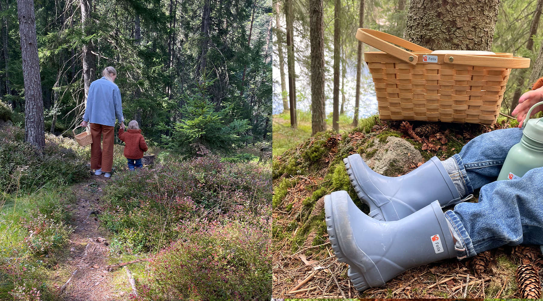 Perhe metsäretkellä, lapsilla kumisaappaat ja kori