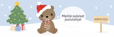 Kuva karhusta kaulaliinan kanssa joulukuusen ja lahjojen vieressä talvisella taustalla.