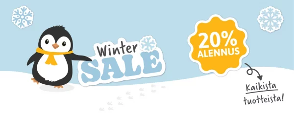 20 % alennus kaikista nimilapuista, lasten seinäkoristeista, julisteista ja syntymäpäiväkorteista. Suloinen pingviini koristaa mainoskuvaa.