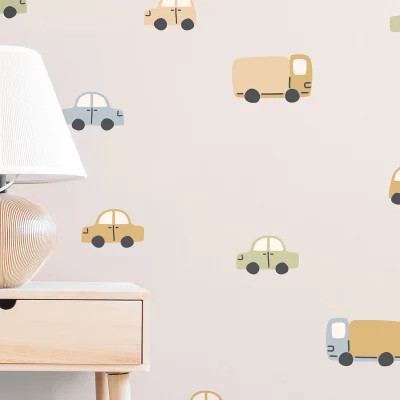 Värikkäät seinätarrat teemana ajoneuvot, moderni ja hauska sisustus lastenhuoneeseen.