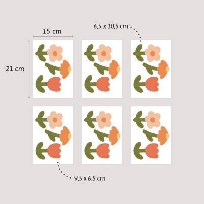 Värikäs kukkaseinäkoriste, joka näyttää seinälle kiinnitettävien kukkien koon.