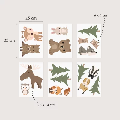 Värikäs seinäkoriste eläinaiheilla, kuten hirvi, kani, karhu ja susi – täydellinen lastenhuoneeseen.